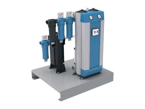 A breathing air purifier on a base plate, with its filters and twin-tower dryer side by side