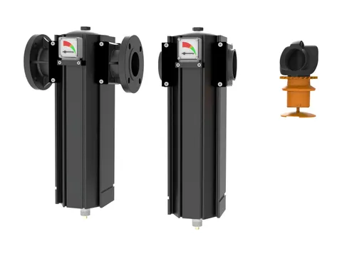 Two flanged centrifugal moisture separators with pressure gauges, beside their swirl insert