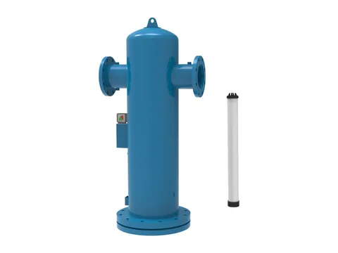 A large flanged coalescing filter vessel beside its tall filter element