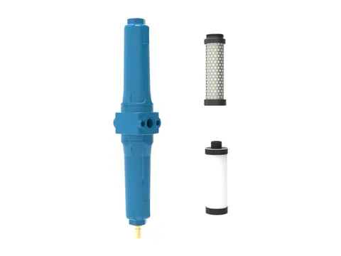 A blue duplex filter with its two filter elements beside it