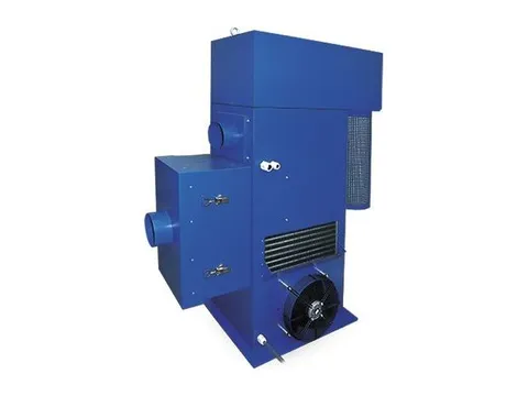 A blue crane air conditioner with a side air box, a filter housing and a condenser fan