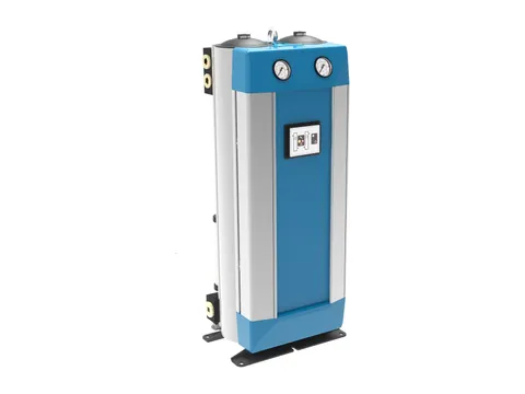 A compact heatless desiccant dryer with twin pressure gauges and a control panel on its front