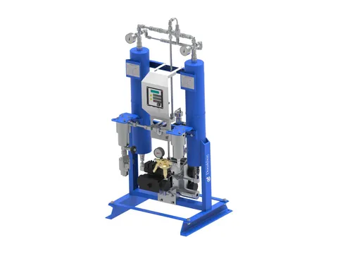 A twin-tower heatless desiccant dryer on a frame, with its filters, valves and controller