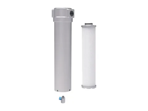 A tall high pressure filter housing beside its filter element