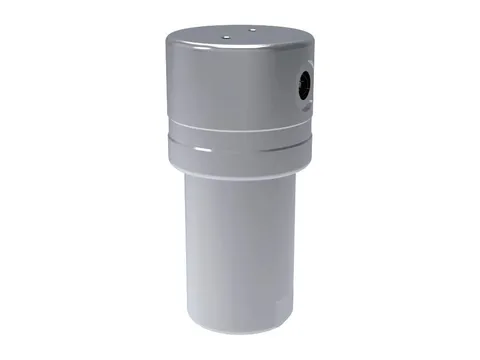 A stainless steel hydrogen filter housing with a threaded port in its head