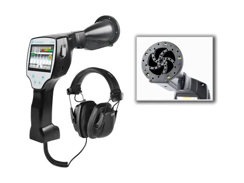 An ultrasonic leak detector with its headphones, beside a close-up of the concentrator's sensor