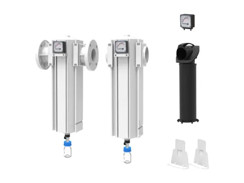 A pair of white medical vacuum filter housings with gauges and drain bottles, beside a black filter element and mounting feet