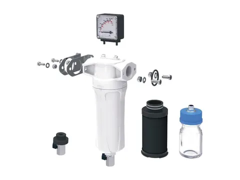 A white medical vacuum filter housing with its gauge, black element, drain and collection bottle laid out around it