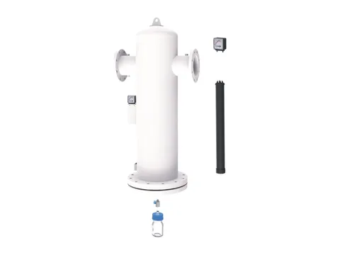 A large flanged white medical vacuum filter housing with its gauge, element and drain bottle