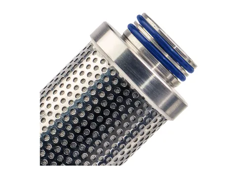 Close-up of a perforated stainless steel filter element with its blue sealing rings