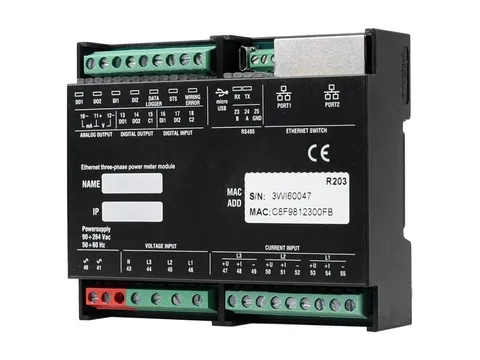 A DIN-rail three-phase power meter module with voltage and current terminals