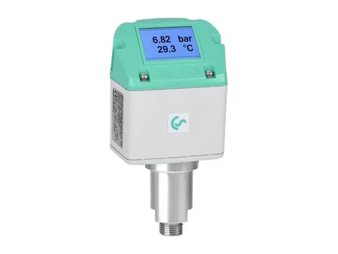 A pressure sensor with a digital display reading bar and °C above a stainless steel connection
