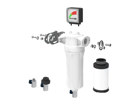 A white silicone-free filter housing shown with its gauge, element, brackets and an alternative drain fitting