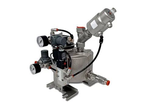 A stainless steel vacuum drain with its chamber, valves, gauges and control block on a mounting frame