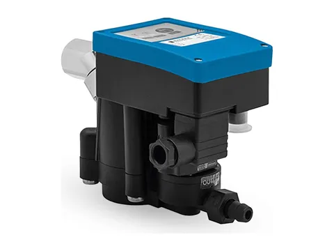 A compact electronic condensate drain with a blue control cover and black valve body
