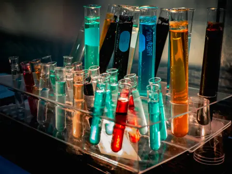 Test tubes of coloured chemicals in a laboratory rack
