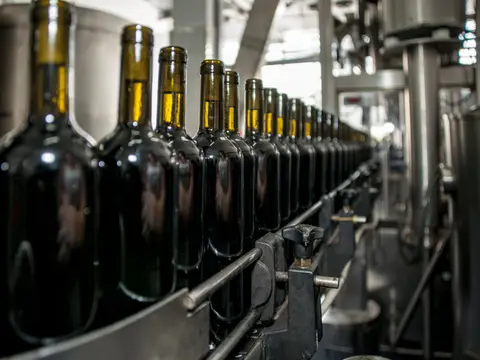 Wine bottles moving along a bottling line