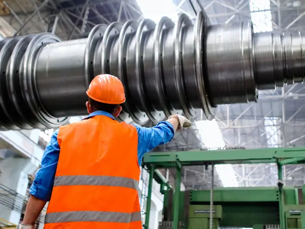 An engineer in a hard hat directing work on a large turbine in an engineering hall